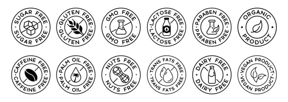 Set Of Food Allergens Icon Badges Vector Design. Gluten free, Zero Sugar, Non Gmo, Plant Based, No Palm Oil.