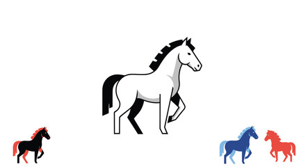 Stylized horse, white, black mane/tail, smaller color variants below