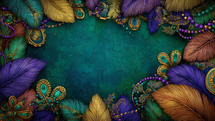 a colorful background features a decorative frame made of vibrant peacock feathers and beads