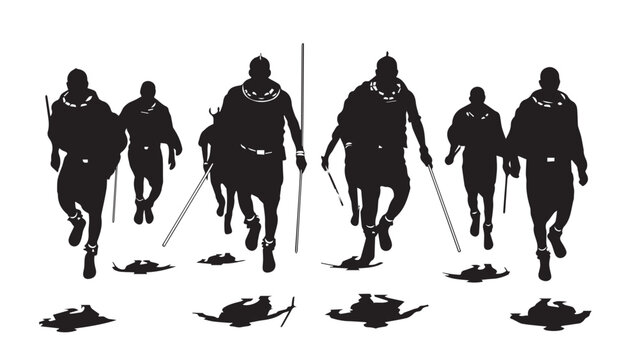 Silhouetted five horsemen riding in a row, a dramatic group procession.