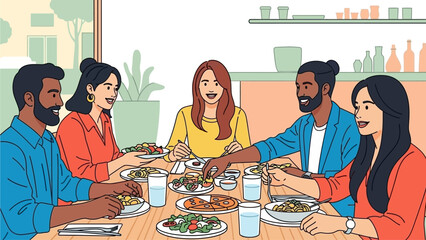 Group of friends enjoying meal together at a restaurant table with food and drinks