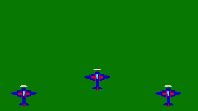 Animated video in old pixel art style of various planes flying over a green background, pixel art, animation, 2D.