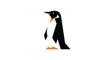 Stylized penguin with geometric shapes, black and white plumage and orange beak and feet on a white background © atha_lintar