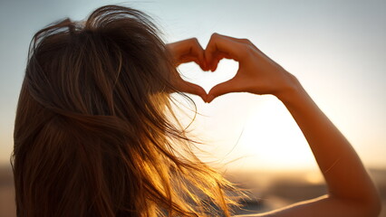 A woman forms a heart shape with her hands, expressing love and warmth through the simple gesture.