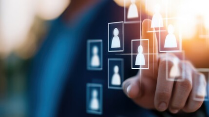 Hands interact with a digital network of user icons, AI showcasing connected profiles in a blurred tech scene