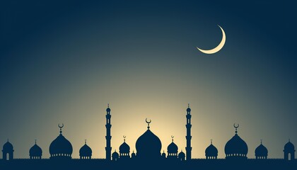 Mosque silhouette skyline at twilight with crescent moon