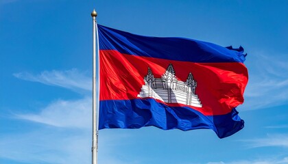 Cambodian Flag Waving Beneath Blue Sky
