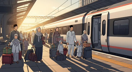 modern train station platform passenger travel sunset busy crowd transportation hub illustration
