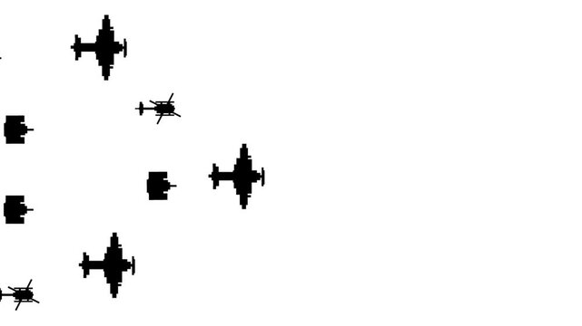 Animated video in old pixel art style of various planes, helicopters, and tanks in black and white passing over, pixel art, animation.