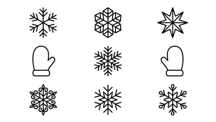 Fototapeta premium Set of 9 Minimalist Winter Line Art Icons Featuring Unique Snowflakes and Mittens in a Neat Grid. Clean Black and White Vector Graphic Design for Seasonal Holiday and Cold Weather Projects.