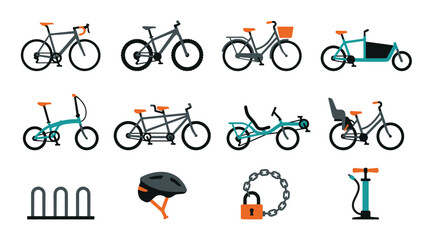 Naklejka premium Set of 12 Bicycle Transport Icons Featuring Road, Mountain, City, Cargo, Folding, Tandem, and Recumbent Bikes, Plus Helmet, Lock, Pump, and Rack in Clean Geometric Flat Vector Illustration Style