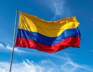 Colombian Flag Waving Against Bright Blue Sky