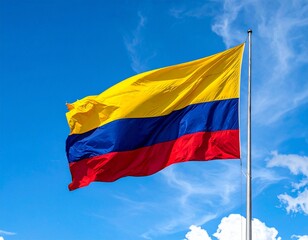 Colombian Flag Waving Against Bright Blue Sky