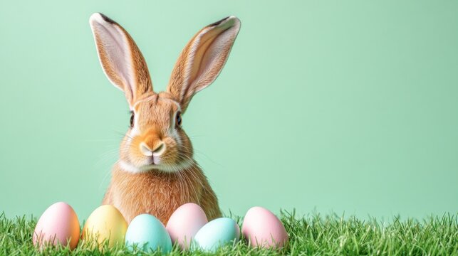 Funny easter concept holiday animal celebration greeting card - easter bunny, rabbit with easter eggs on meadow, isolated on aquamarine background