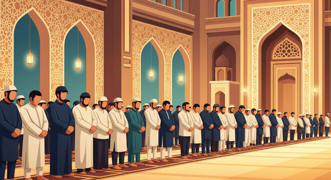 communal prayer mosque traditional attire cultural worship spirituality illustration
