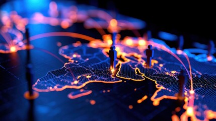Dark digital globe lit by glowing orange network lines and nodes across a stylized world map. with living glow