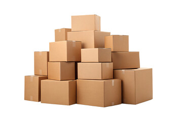Fototapeta premium Stack of cardboard boxes arranged pile shipping packages delivery parcels, isolated on a transparent background