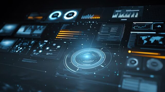 Close-up of a futuristic digital interface with glowing blue and orange graphics on a dark background, showcasing various charts and graphs.