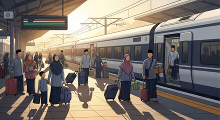 modern train station platform passenger travel sunset busy crowd transportation hub illustration
