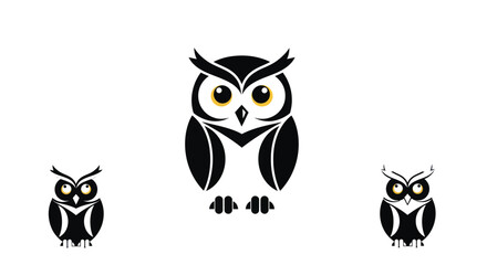 Obraz premium Three owls. Central one is large, black with yellow eyes, simplified shapes