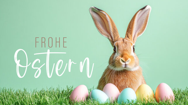  Frohe Ostern Konzept Feiertag Gru&szlig;karte, Karte mit deutschem Text - Cooler Osterhase, Hase mit Ostereiern auf Wiese, isoliert auf gr&uuml;nem Hintergrund