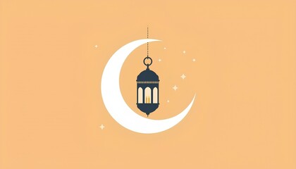 Flat design illustration of Ramadan lantern Fanoos hanging on crescent moon