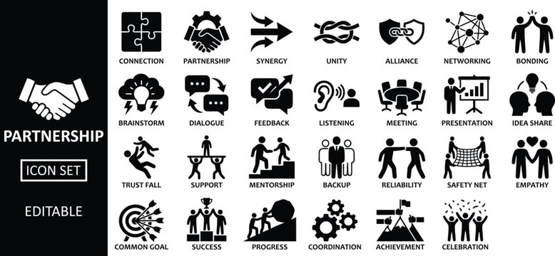 Partnership and collaboration icons set featuring trust fall synergy mentorship and common goal pictograms for professional networking team bonding and business alliance