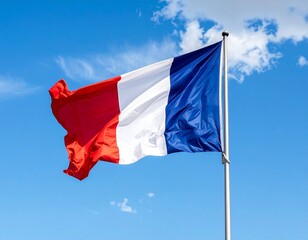 French Tricolor Flag Waving Against Blue Sky
