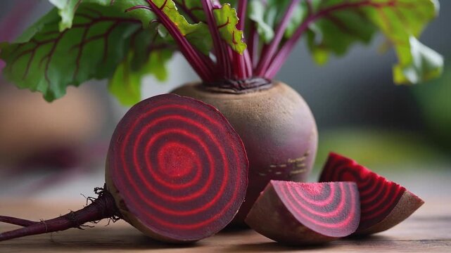 A close-up view of a fresh beetroot with vibrant green leafy tops. Ai