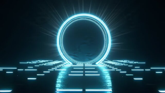 Glowing blue portal with radiant lines and rectangular grid pattern on a dark background with a futuristic and technological mood.