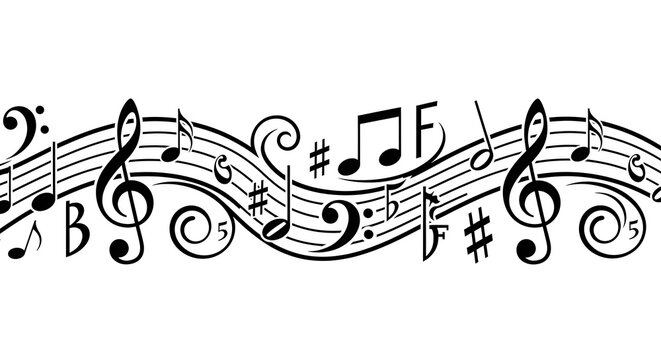 Musical notes on wavy staff line border isolated on white background