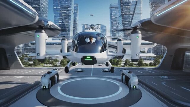 Futuristic electric aircraft preparing for takeoff on a sleek landing pad in a modern urban environment viewed from a low angle