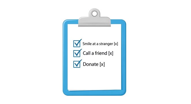 Kindness checklist on clipboard with smile donate and call actions