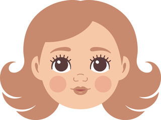Cute Girl Face Vector Illustration with Brown Hair and Big Eyes, Cartoon Style