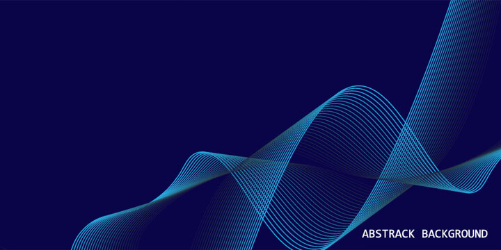 Abstract futuristic background, flowing neon blue light waves made of thin parallel lines, smooth ribbon-like curves, dynamic motion, dark navy blue background