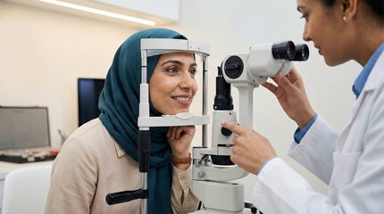Muslim woman smiling during eye exam with doctor in clinic  