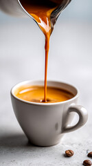 Exquisite coffee pouring into a sleek cup, surrounded by rich coffee beans in a cozy setting