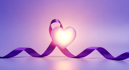 A satin purple awareness ribbon gracefully intertwined with a radiant, glowing heart on a soft violet gradient background.