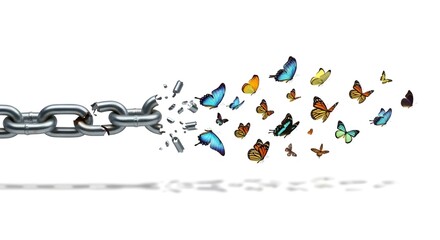 Naklejka premium A powerful conceptual image of a heavy metal chain breaking apart, with the shattered links transforming into a swarm of colorful butterflies flying away on a white background.