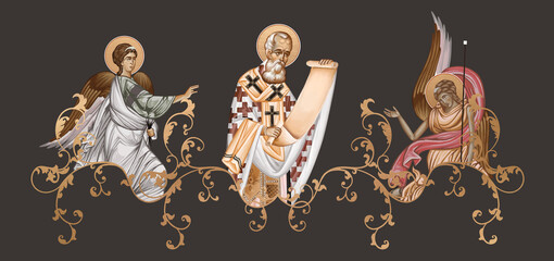 Fototapeta premium Gregory of Nazianzus. Decorative vintage border with angels, illustration in Byzantine style