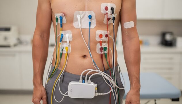 Medium shot of a Holter monitor setup on a patient with ECG leads attached sharp in focus while clinic surroundings softly fade out.