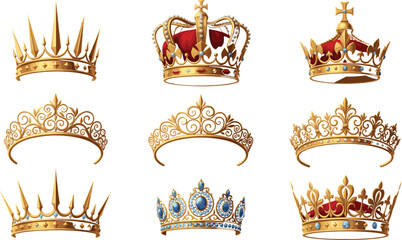 Royal crown vector set with golden tiaras, jeweled monarch crowns and ornate medieval headpieces isolated on white background for luxury and fantasy design © Galib