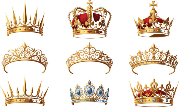 Royal crown vector set with golden tiaras, jeweled monarch crowns and ornate medieval headpieces isolated on white background for luxury and fantasy design