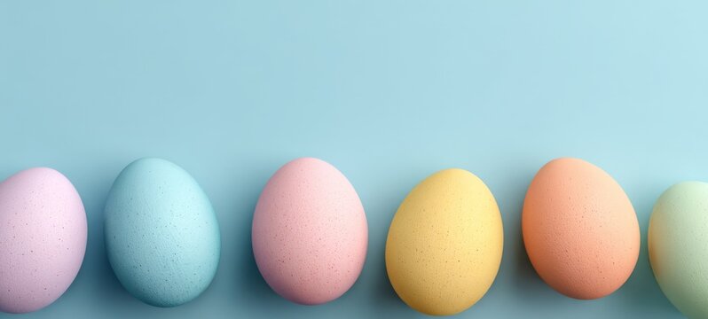Happy Easter holiday greeting card, banner - colored easter eggs, isolated on pastel blue background, top view, tabletop