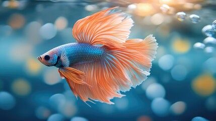 Fototapeta premium Vibrant Betta Fish Gliding Gracefully Through Clear Water with Colorful Bokeh Background and Bubbles Creating an Underwater Wonderland Atmosphere
