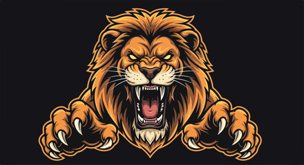 Illustration of an aggressive lion's head with an open mouth and sharp claws on a black background.