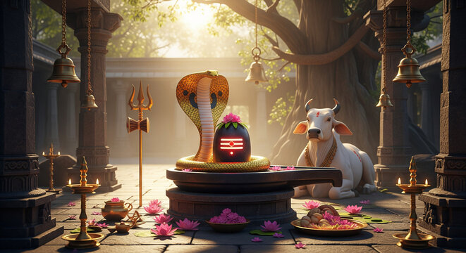 Shiva lingam sacred temple worship scene with naga serpent nandi cow lotus flowers and divine light for maha shivaratri hindu spiritual festival devotion