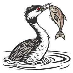 Fototapeta premium Black and white bird holding fish in water aquatic