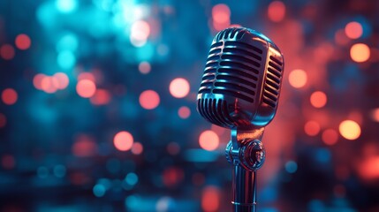 A vintage microphone on stage with multicoloured boke lights creates the atmosphere of a live concert or show, ideal for the atmospheric backdrop of musical events and creative presentations.