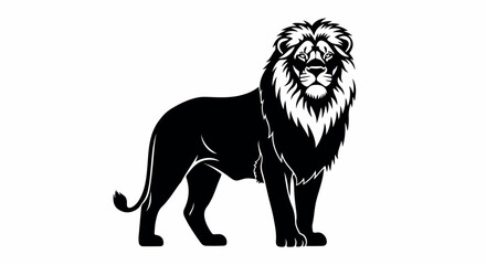 Obraz premium A black and white illustration of a standing lion with a thick mane against a clean white background.